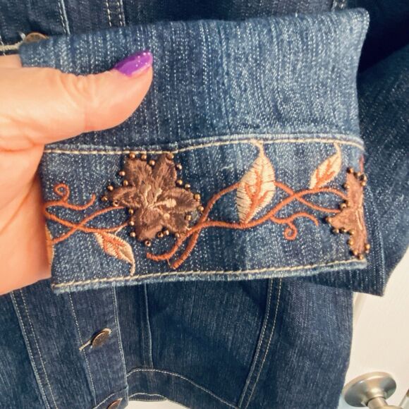 Vintage Y2k Jean Jacket Blazer Embroidered Denim Size XL 12 Fall Floral Trucker - Picture 4 of 11